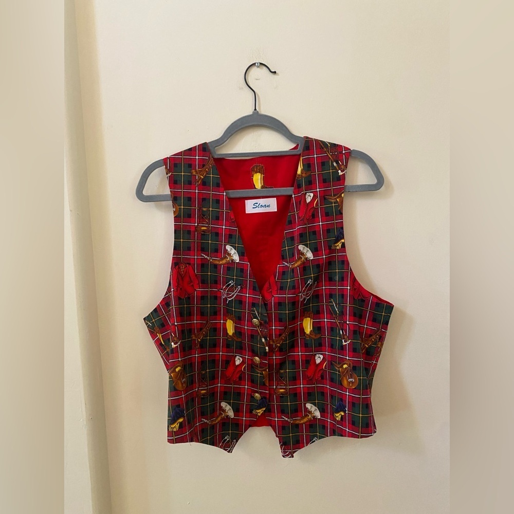 Vintage Sloan Tartan Plaid Equestrian Vest Red Green Gold Horse Theme